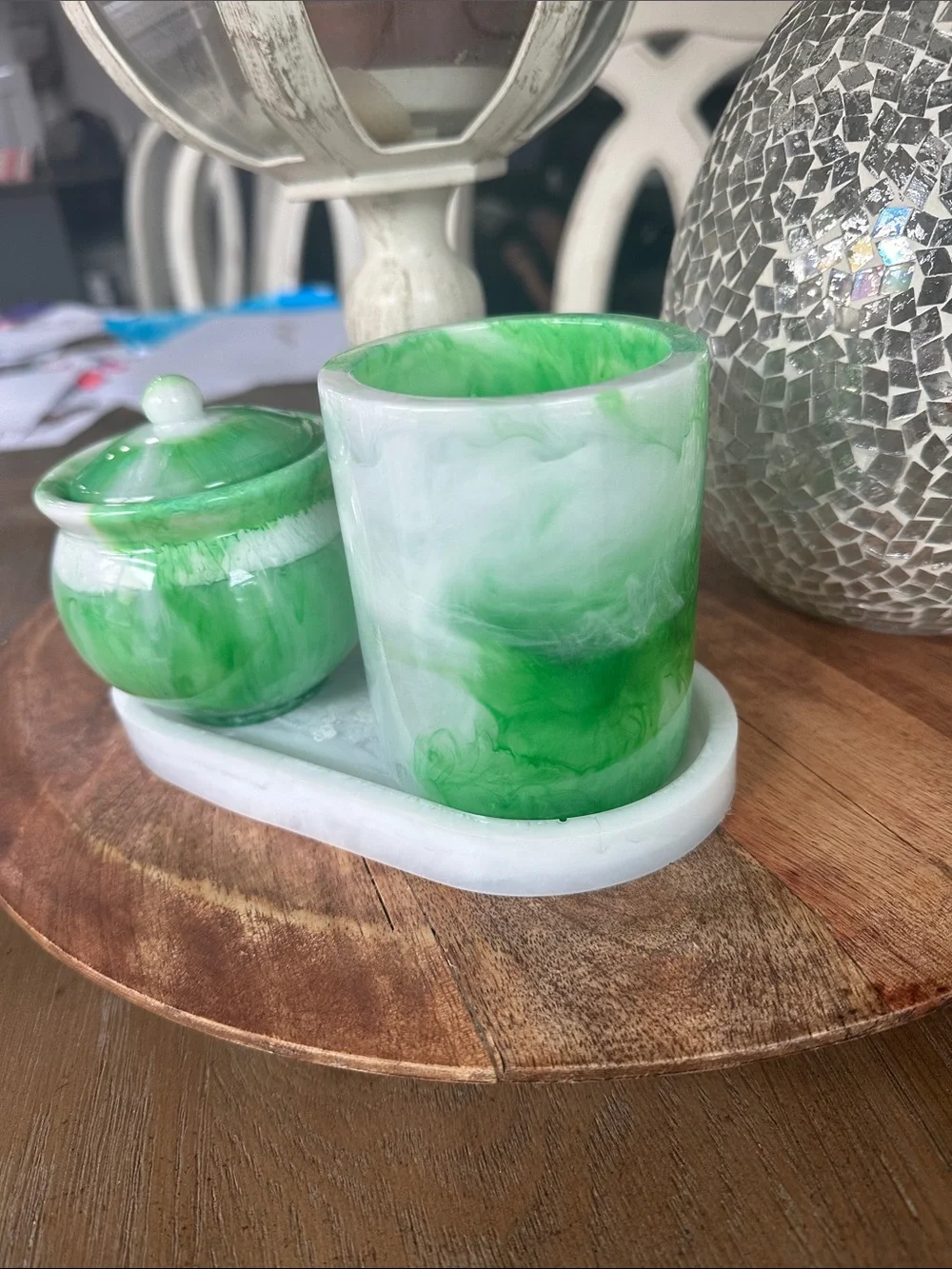 Marbleized Green resin Vanity Set with Tray